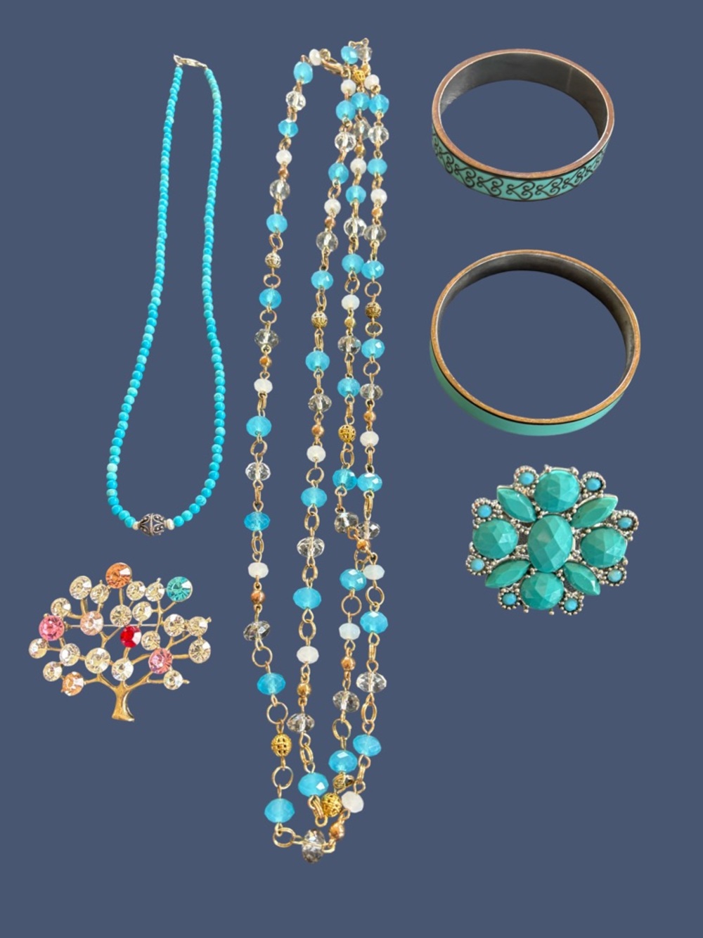 Turquoise Glass Bead Necklace and Bracelet Set - Women Jewelry